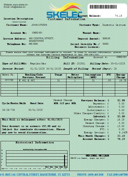 St. Kitts Electricity Company (SKELEC) utility bill editable template in PDF and Word formats